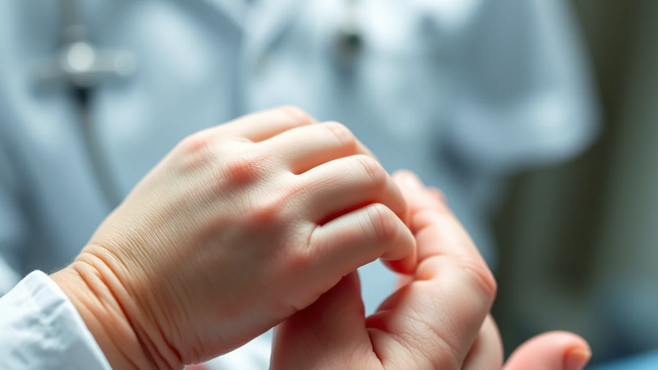 Fotografia macro di una mano di neonato che stringe delicatamente il dito indice di un adulto con camice bianco, obiettivo macro 100mm, illuminazione laterale morbida e controllata per evidenziare la texture della pelle, alta definizione, sfondo sfocato con strumentazione medica appena visibile.