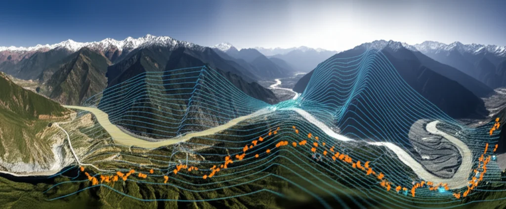 Veduta aerea del bacino del fiume Yalong, mostrando il fiume serpeggiante tra montagne innevate e valli verdi, con sovrapposizione grafica di linee che rappresentano i dati di deflusso previsti (arancione) vs osservati (blu), fotografia paesaggistica, obiettivo grandangolare 18mm, messa a fuoco nitida su tutto il panorama, luce del tardo pomeriggio.