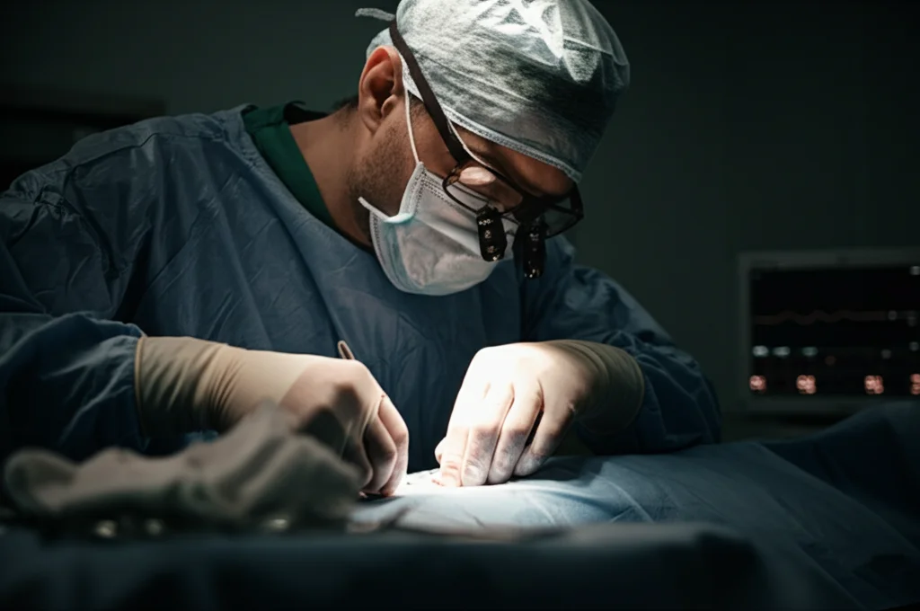 Ritratto di un chirurgo pediatrico concentrato durante un intervento al cuore su un neonato in una sala operatoria high-tech, obiettivo 35mm, stile film noir con forti contrasti tra luci e ombre, focus nitido sul volto del chirurgo e sulle sue mani guantate, atmosfera di tensione e precisione.