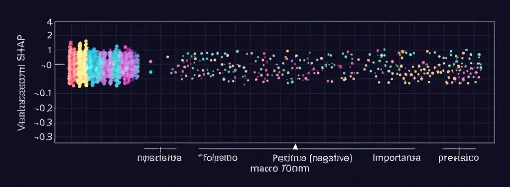 Visualizzazione astratta dei valori SHAP (Beeswarm plot), con punti colorati che rappresentano l'impatto (positivo/negativo) e l'importanza di diverse feature (indici climatici) sulla previsione del deflusso, stile infografica scientifica moderna, sfondo scuro con elementi luminosi, dettagli precisi, obiettivo macro 70mm.