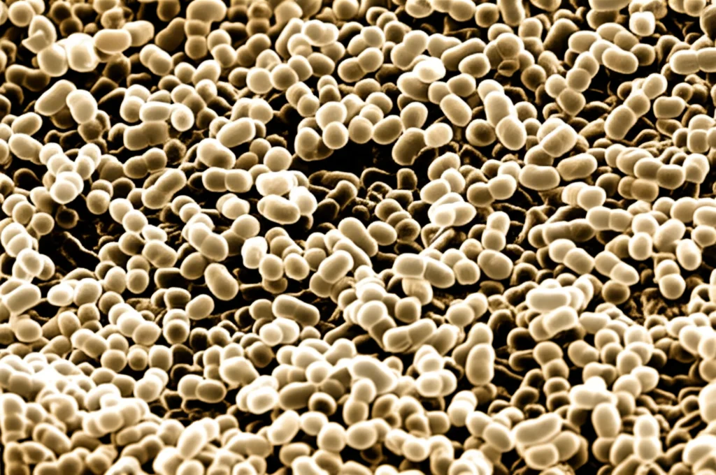Immagine fotorealistica al microscopio elettronico a scansione di batteri Streptococcus mutans che aderiscono a una superficie simile allo smalto dentale, formando un biofilm iniziale. Colori tenui, alta definizione dei dettagli batterici, profondità di campo ridotta. Macro lens, 105mm, high detail.