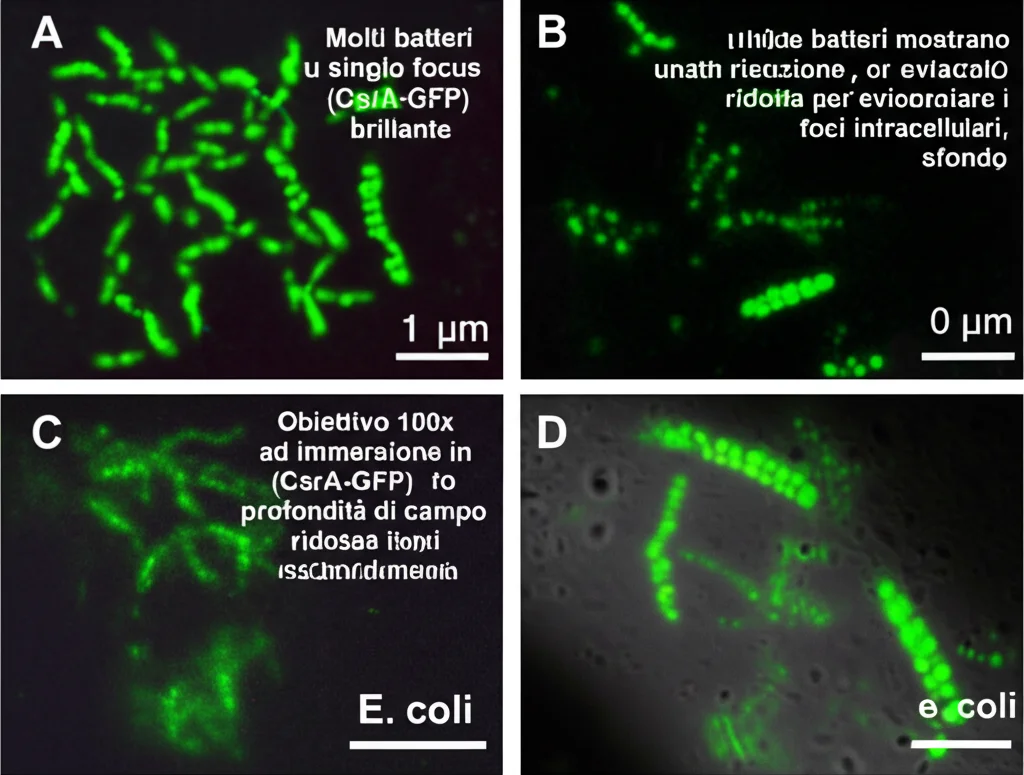 Microscopia a fluorescenza ad alta risoluzione di batteri E. coli. Molti batteri mostrano un singolo focus verde brillante (CsrA-GFP) localizzato eccentricamente. Obiettivo 100x ad immersione in olio, profondità di campo ridotta per evidenziare i foci intracellulari, sfondo scuro per contrasto.