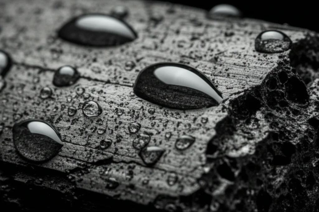 Primo piano macro di gocce d'acqua che interagiscono con una superficie scura e porosa di carbone antracite, illuminazione controllata per evidenziare la tensione superficiale e l'angolo di contatto, obiettivo macro 90mm, alta definizione, messa a fuoco precisa.