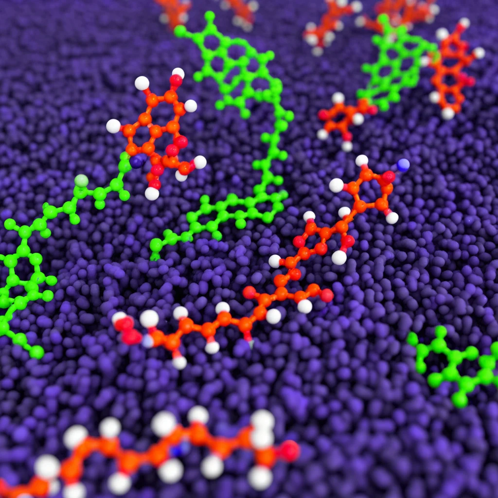 Visualizzazione 3D fotorealistica di diverse molecole di fenoli prenilati (flavanoni compatti e calconi allungati) che interagiscono con un modello semplificato di doppio strato lipidico di una membrana batterica. Illuminazione soffusa che evidenzia le interazioni molecolari. Stile illustrazione scientifica con resa fotorealistica.