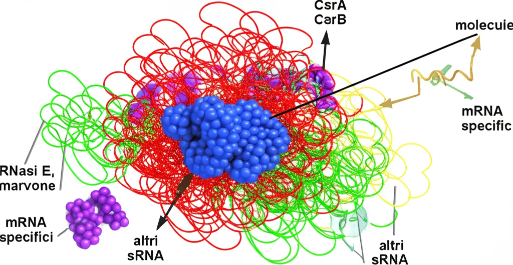 Diagramma schematico 3D che illustra il modello del CSRsome. Al centro, dimeri di CsrA (sfere blu) sono interconnessi da molecole di CsrB (stringhe rosse con multipli siti di legame). Attorno e intrappolati nella rete ci sono altri sRNA (viola) e mRNA specifici (verdi, gialli). Il complesso del degradosoma (RNasi E, marrone) è associato al focus. Stile fotorealistico con texture molecolari dettagliate.