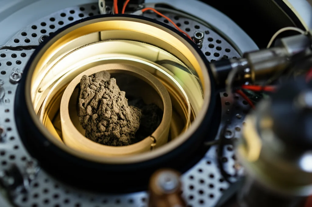 Un campione di polvere fine di carbone antracite all'interno di una cella di un calorimetro da laboratorio, con sensori e fili visibili, luce da laboratorio focalizzata sul campione per evidenziare la texture, dettagli precisi della strumentazione scientifica, obiettivo 50mm.