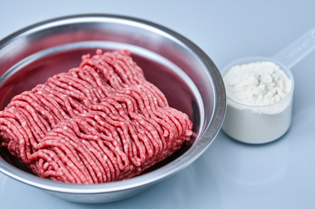 Macro fotografia di carne cruda macinata di cavallo in una ciotola di metallo accanto a un misurino contenente polvere bianca di glicina, su un tavolo da laboratorio. Illuminazione controllata e precisa, obiettivo macro 100mm, alta definizione dei dettagli delle texture della carne e della polvere. Photorealistic still life.