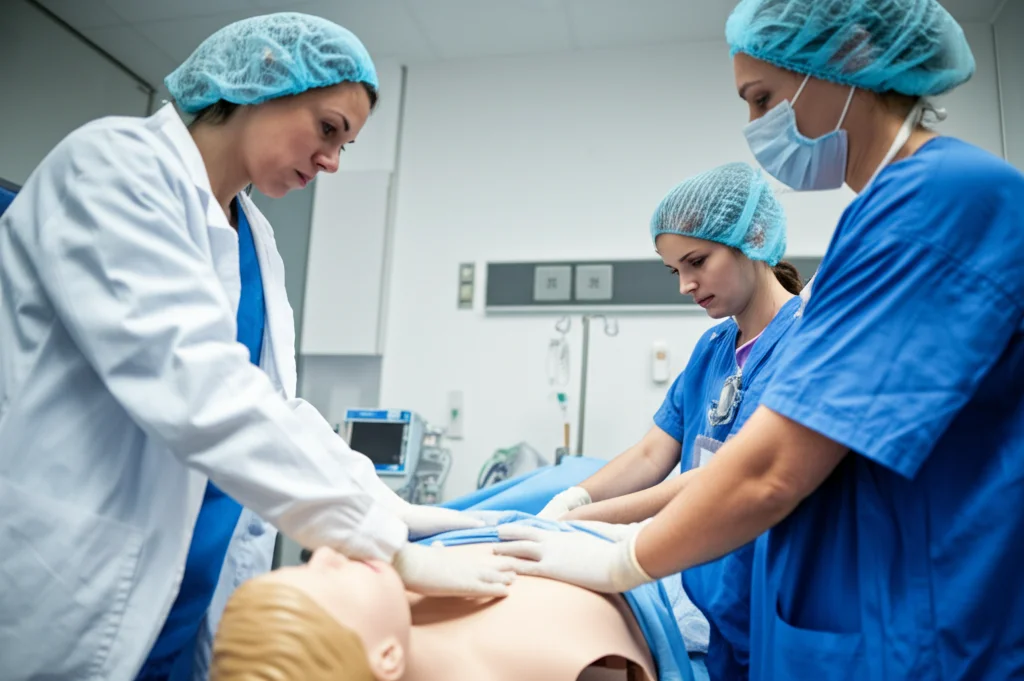 Team sanitario interprofessionale (ostetrica, medico, infermiera) in una sala parto moderna, che lavora in modo coordinato e concentrato attorno a una paziente durante un'esercitazione simulata di emorragia post-partum. Utilizzo di un manichino avanzato. Illuminazione controllata, obiettivo 35mm, profondità di campo per mettere a fuoco il team, fotorealismo elevato.