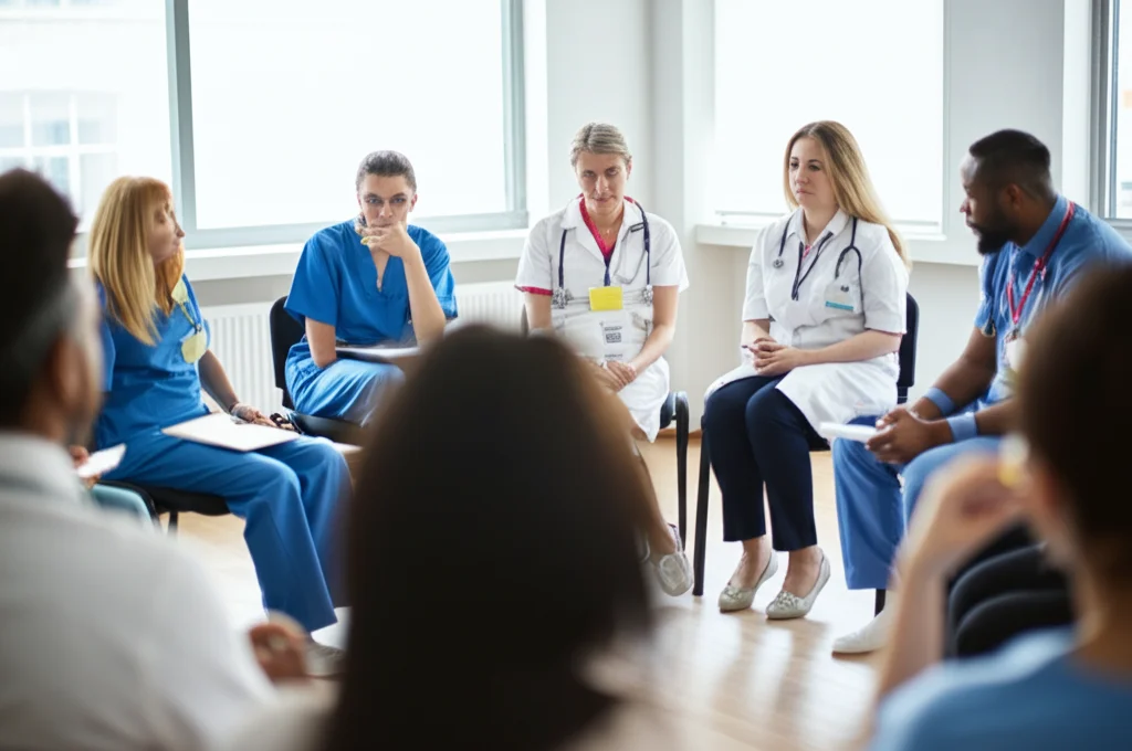 Gruppo diversificato di professionisti sanitari (medici, infermieri, ostetriche di diverse etnie ed età) durante una sessione di debriefing post-simulazione PPH. Sono seduti in cerchio, discutono apertamente in un ambiente collaborativo e positivo. Luce naturale da una finestra, obiettivo 50mm, focus sui volti e sulle interazioni, atmosfera di apprendimento costruttivo.