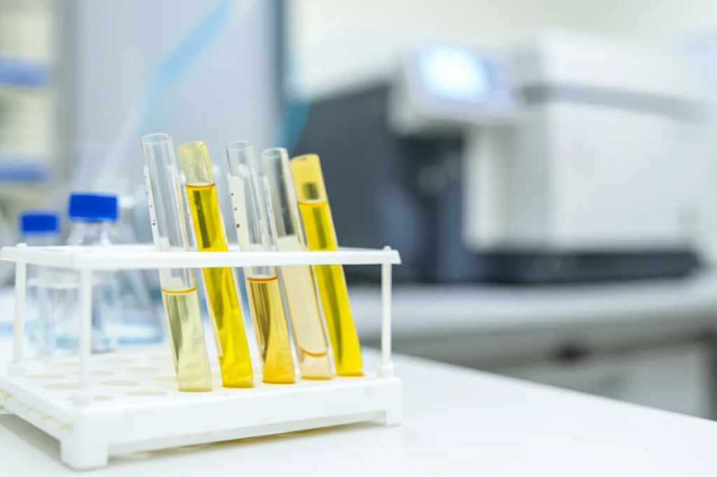 Primo piano di diverse provette contenenti campioni di siero (giallo paglierino) e urina (giallo più intenso) su un portaprovette in un laboratorio scientifico. Sullo sfondo, sfocata, si intravede parte di uno spettrometro NMR. Illuminazione da laboratorio brillante e controllata, obiettivo macro 60mm, messa a fuoco precisa sulle provette in primo piano. Photorealistic still life.
