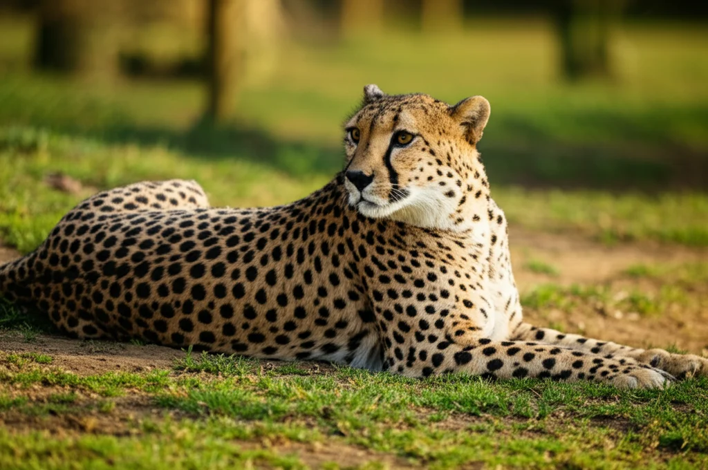 Ghepardo adulto in un ambiente di conservazione spazioso e naturalistico, sdraiato sull'erba ma con la testa sollevata e lo sguardo vigile. Luce dorata del tardo pomeriggio. Obiettivo teleobiettivo 300mm per un ritratto a distanza ravvicinata ma non invadente, fast shutter speed per congelare l'espressione attenta. Photorealistic wildlife photography.