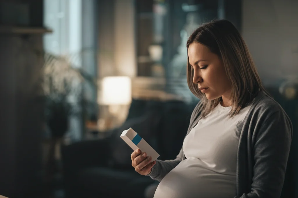 Primo piano di una donna incinta che guarda pensierosa una scatola di antibiotici, luce soffusa e naturale proveniente da una finestra, obiettivo 35mm, profondità di campo accentuata per sfocare leggermente lo sfondo di una stanza domestica.