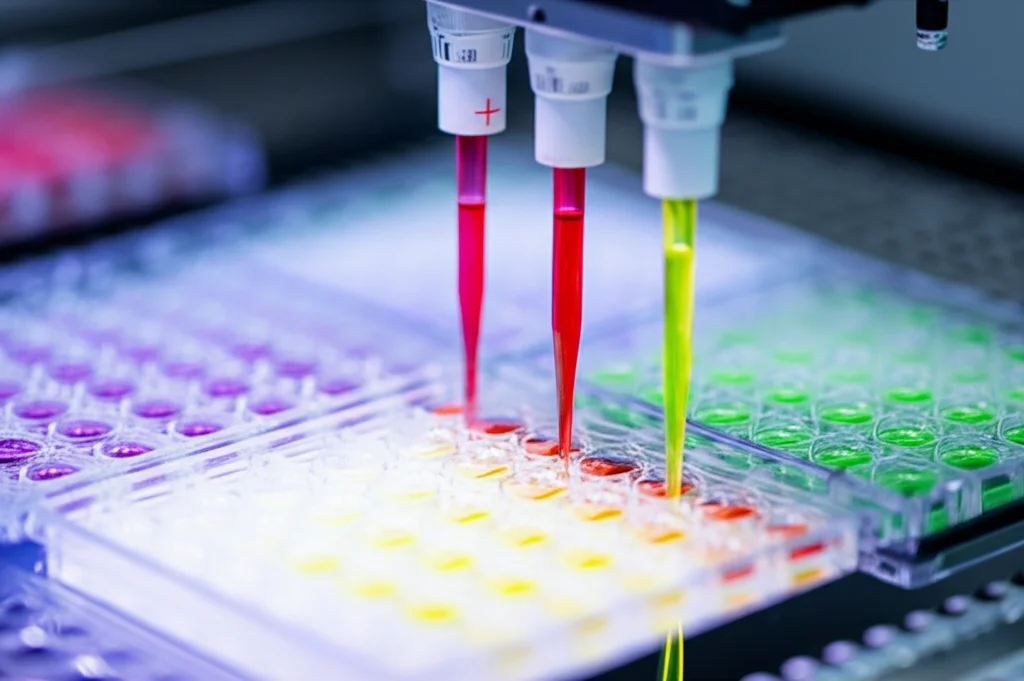 Laboratorio high-tech con bracci robotici che pipettano liquidi colorati in piastre multi-pozzetto sotto illuminazione controllata, focus su una piastra, obiettivo macro 90mm, alta definizione, messa a fuoco precisa, ambiente sterile.