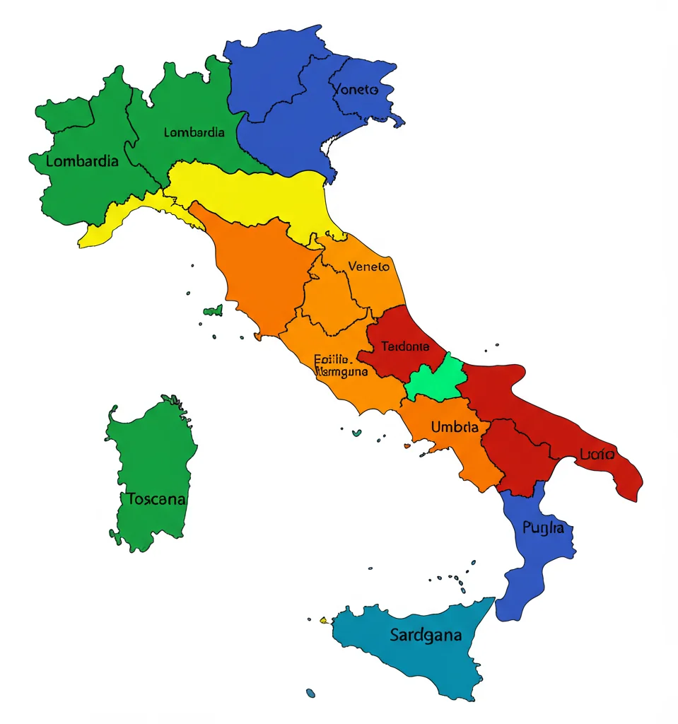 Mappa stilizzata dell'Italia con le regioni dello studio (Lombardia, Veneto, Emilia-Romagna, Toscana, Umbria, Lazio, Puglia, Sardegna) evidenziate con colori diversi che rappresentano graficamente l'intensità dell'uso di antibiotici, grafica pulita e moderna, illuminazione controllata, dettagli nitidi.