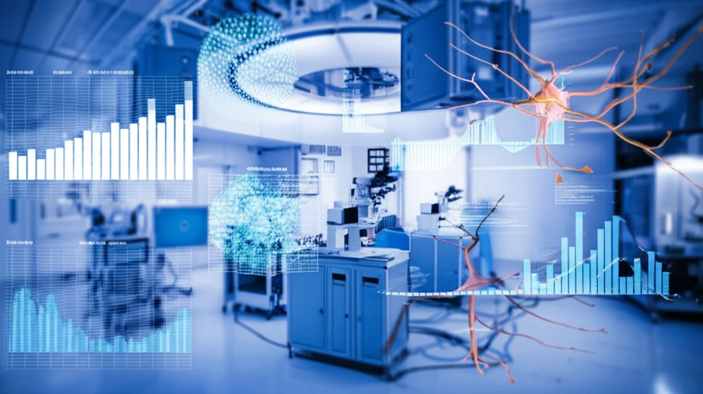 Visualizzazione dati scientifici fotorealistica che compara l'attività neurale di modelli 3D umani (BrainSpheres) e 2D roditori (rNFA) su grafici complessi sovrapposti a un'immagine di sfondo di un moderno laboratorio high-tech. Obiettivo grandangolare 24mm, focus nitido sui grafici, illuminazione da laboratorio.