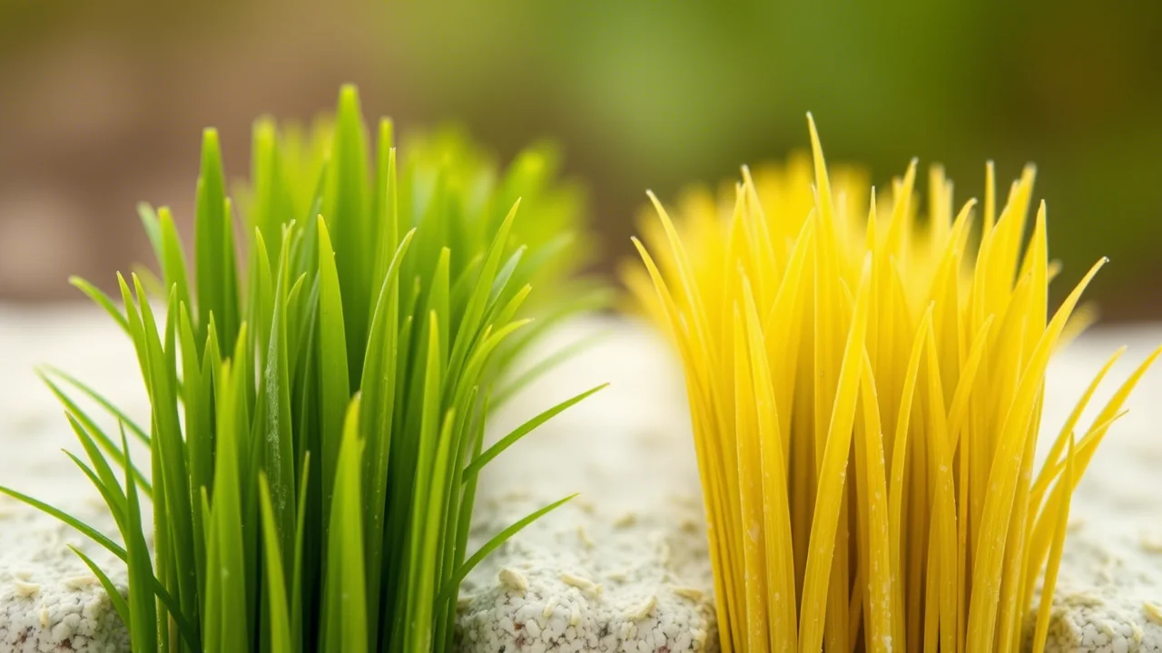 Fotografia macro di fili d'erba di Lolium perenne. A sinistra, fili verdi e turgidi rappresentanti piante transgeniche resistenti alla siccità. A destra, fili gialli e appassiti rappresentanti piante wild-type sotto stress idrico. Obiettivo macro 90mm, alta definizione, illuminazione laterale controllata per enfatizzare le texture, sfondo sfocato.