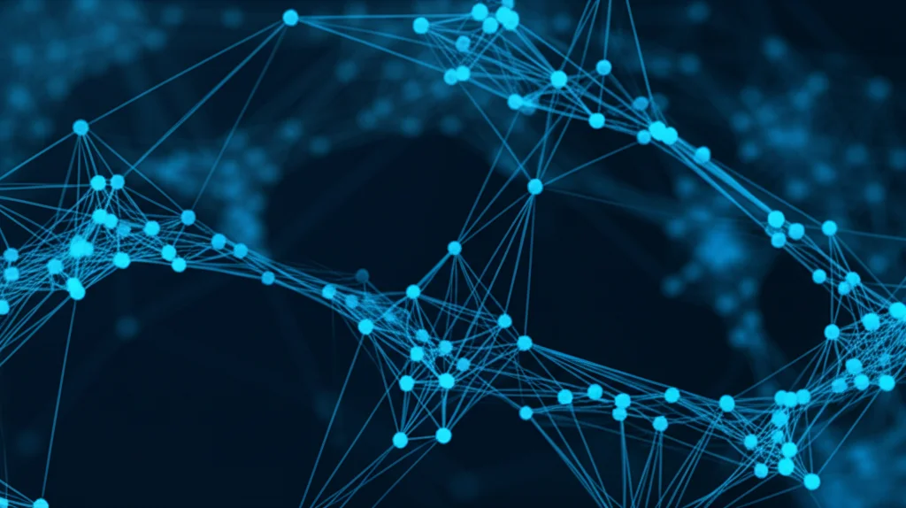 Visualizzazione astratta di nodi di dati interconnessi che formano una rete complessa su uno sfondo digitale blu scuro, simboleggiando i principi FAIR (Findable, Accessible, Interoperable, Reusable) e l'interoperabilità dei dati scientifici, stile infografica high-tech.
