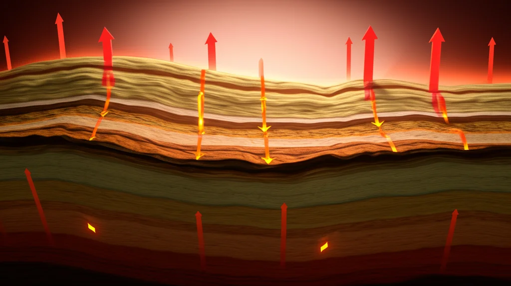 Visualizzazione 3D fotorealistica del sottosuolo egiziano che mostra strati geologici colorati e frecce che indicano il flusso di calore ascendente. Stile scientifico, illuminazione drammatica dal basso per evidenziare il calore, obiettivo macro 90mm per dettagli precisi sugli strati.