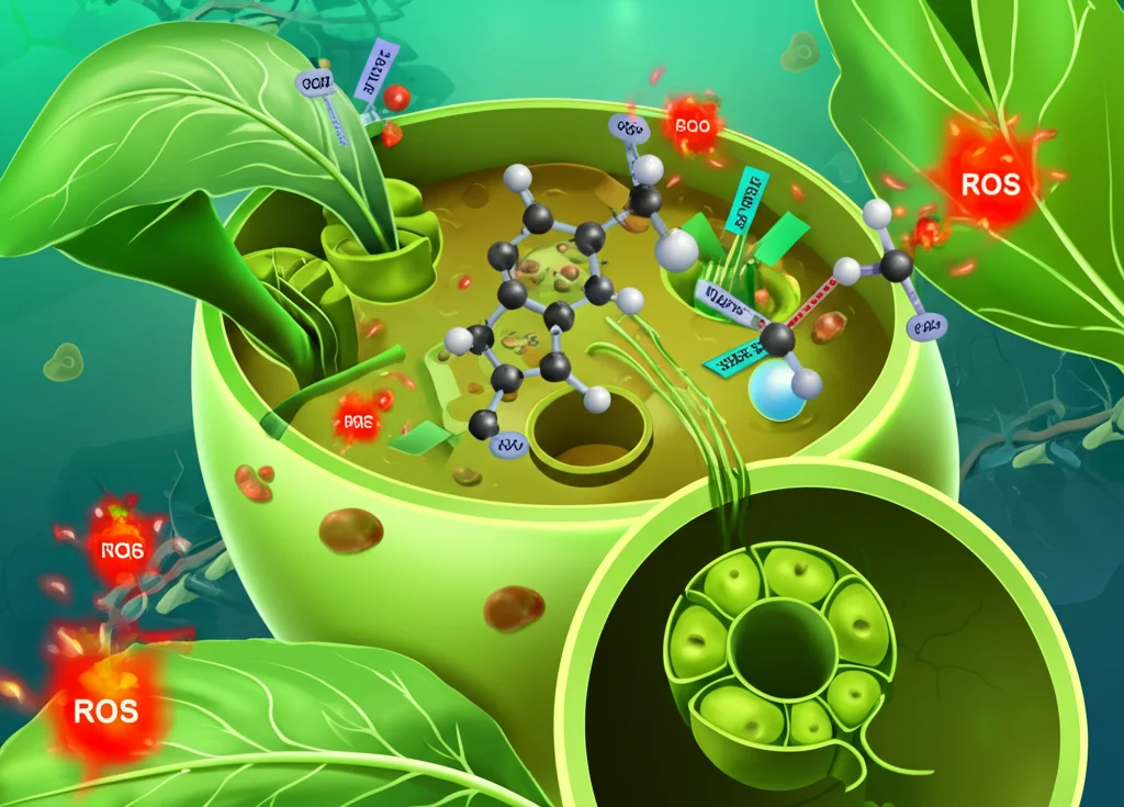 Visualizzazione concettuale astratta del meccanismo di difesa antiossidante in una cellula vegetale. Molecole stilizzate di enzimi (SOD, CAT) neutralizzano molecole ROS (rappresentate come scintille rosse) proteggendo le strutture cellulari (membrane, cloroplasti). Colori vibranti, stile infografico scientifico.