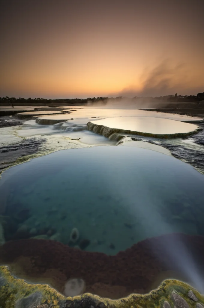 Immagine fotorealistica di una sorgente termale egiziana fumante al crepuscolo, con colori caldi nel cielo. Stile landscape, obiettivo prime 35mm, profondità di campo per mettere a fuoco la sorgente e sfocare leggermente lo sfondo desertico, lunga esposizione per l'acqua setosa.