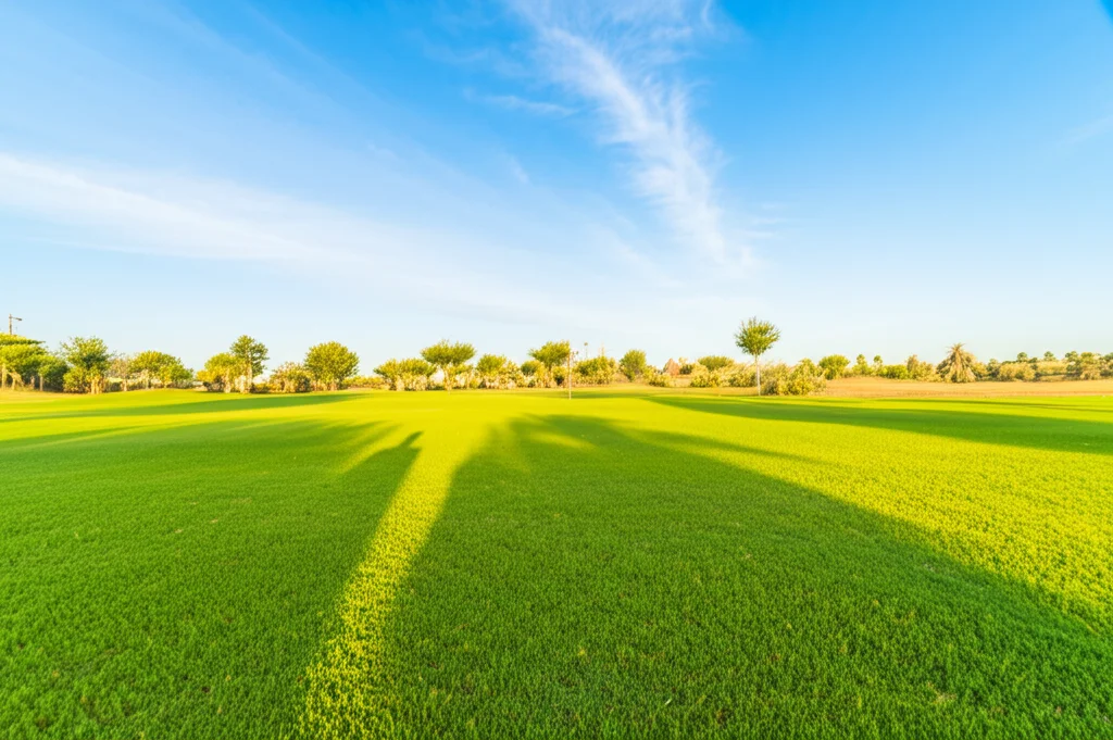 Paesaggio ampio di un campo da golf o parco urbano in una regione semi-arida. Il prato di Lolium perenne in primo piano è verde brillante e sano, contrastando con il paesaggio circostante più secco. Obiettivo grandangolare 14mm, luce del tardo pomeriggio, cielo azzurro con qualche nuvola sottile, messa a fuoco nitida su tutto il campo.