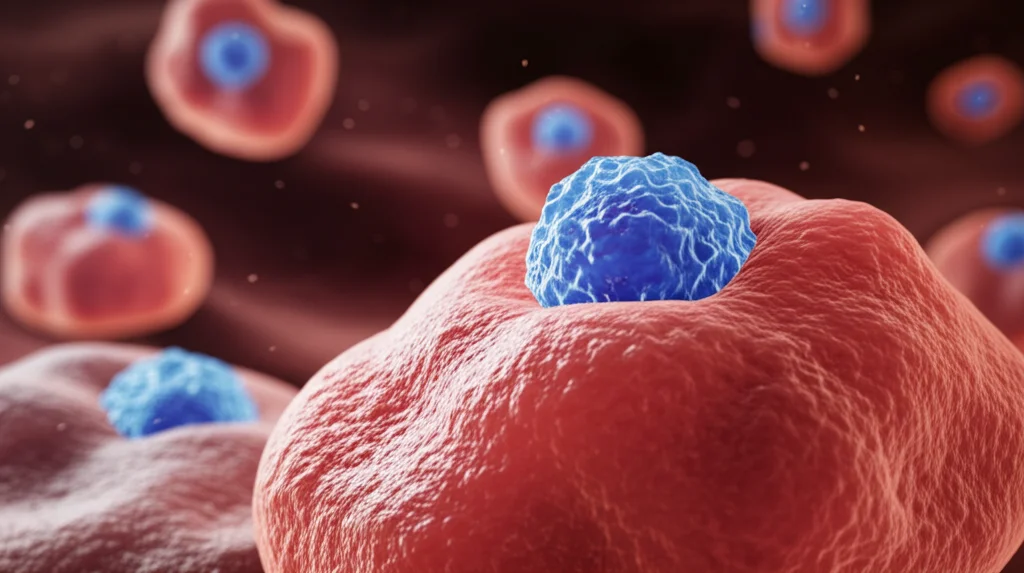 Visualizzazione 3D astratta ma fotorealistica di cellule immunitarie (linfociti T, blu) che interagiscono con cellule tumorali (rosse) in un microambiente complesso. Obiettivo zoom 150mm, profondità di campo ridotta per isolare l'interazione, illuminazione drammatica laterale.