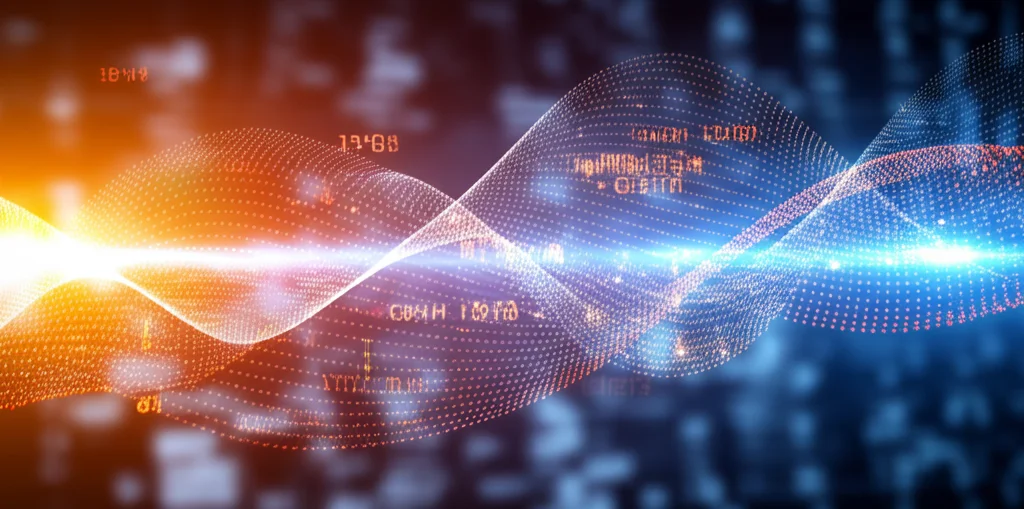 Visualizzazione astratta di dati digitali che fluiscono da un motore di ricerca come Baidu, rappresentando l'analisi dei dati di ricerca internet per la sorveglianza sanitaria in Cina, wide-angle lens 24mm, high detail, controlled lighting, colori blu e arancione duotone.