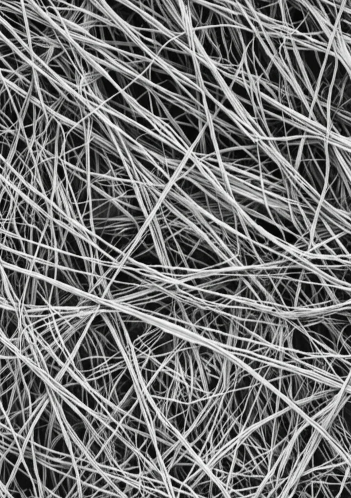 Microscopia elettronica a scansione simulata, ad altissimo dettaglio, che mostra la fitta rete di fibre di collagene (matrice extracellulare) che circonda una cellula tumorale mesenchimale. Obiettivo macro 80mm, illuminazione diffusa per evidenziare le texture, bianco e nero per un look scientifico.