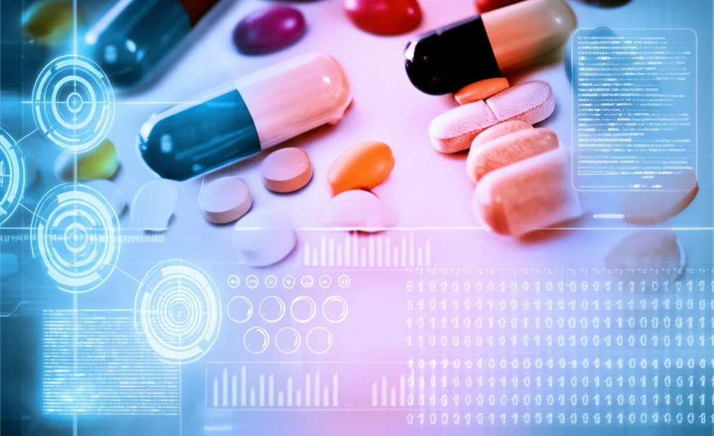 Immagine concettuale fotorealistica di diverse pillole colorate e capsule di farmaci specifici per target molecolari, disposte su uno sfondo high-tech che rappresenta dati genomici/proteomici. Obiettivo macro 90mm, luce brillante e pulita, focus nitido sui farmaci in primo piano.