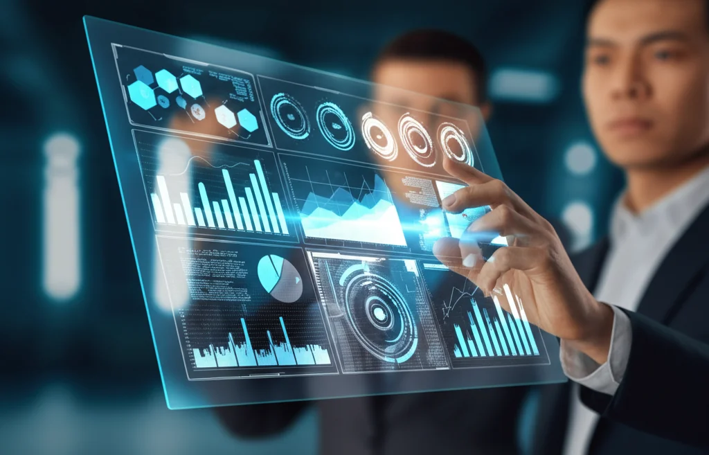 Mani di un epidemiologo o analista di dati che esaminano grafici predittivi complessi su uno schermo trasparente futuristico, mostrando l'incidenza dell'epatite C, prime lens 35mm, depth of field, ambiente high-tech con luci soffuse.