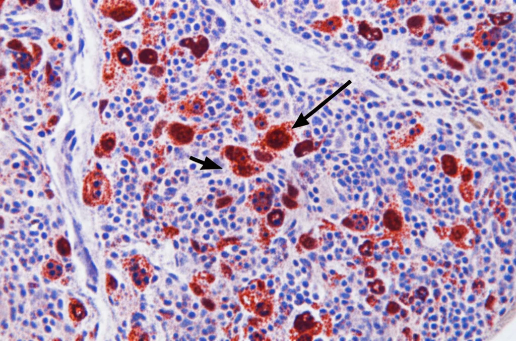 Immagine immunoistochimica di una sezione di linfonodo umano, con cellule CD15+ (neutrofili) colorate in rosso scuro, vista al microscopio ottico con ingrandimento 200x, alta definizione, illuminazione chiara per distinguere le cellule colorate dal tessuto circostante.