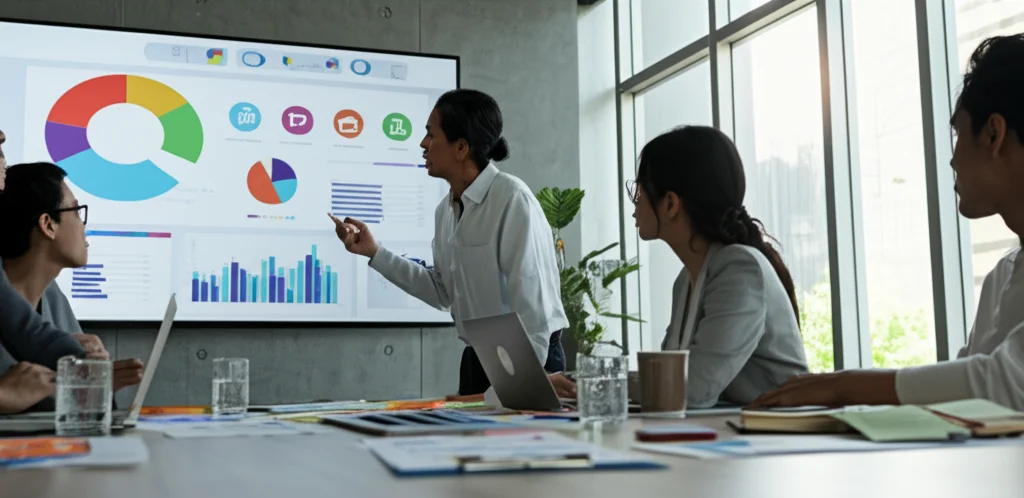 Scatto grandangolare di una sala riunioni moderna e luminosa. Un team diversificato di 4-5 persone (PMI) discute animatamente attorno a un tavolo, indicando uno schermo a parete che mostra interfacce di social network e grafici di engagement. Obiettivo grandangolare 15mm, messa a fuoco nitida sull'intera scena, linee architettoniche pulite, luce naturale da grandi finestre.