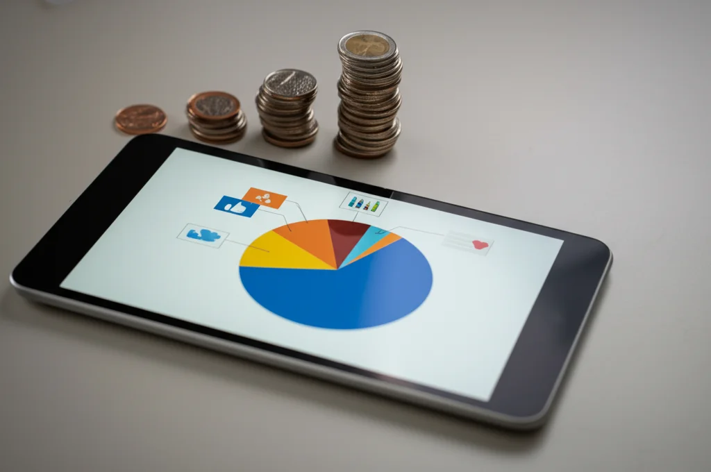 Fotografia still life su sfondo neutro. Un tablet mostra un grafico a torta colorato con metriche di social media (like, share, commenti). Accanto, alcune monete impilate a simboleggiare la crescita delle vendite e un'icona a forma di cuore per rappresentare l'engagement. Obiettivo macro 100mm, illuminazione da studio controllata e morbida, alta definizione, focus selettivo sul grafico nel tablet.