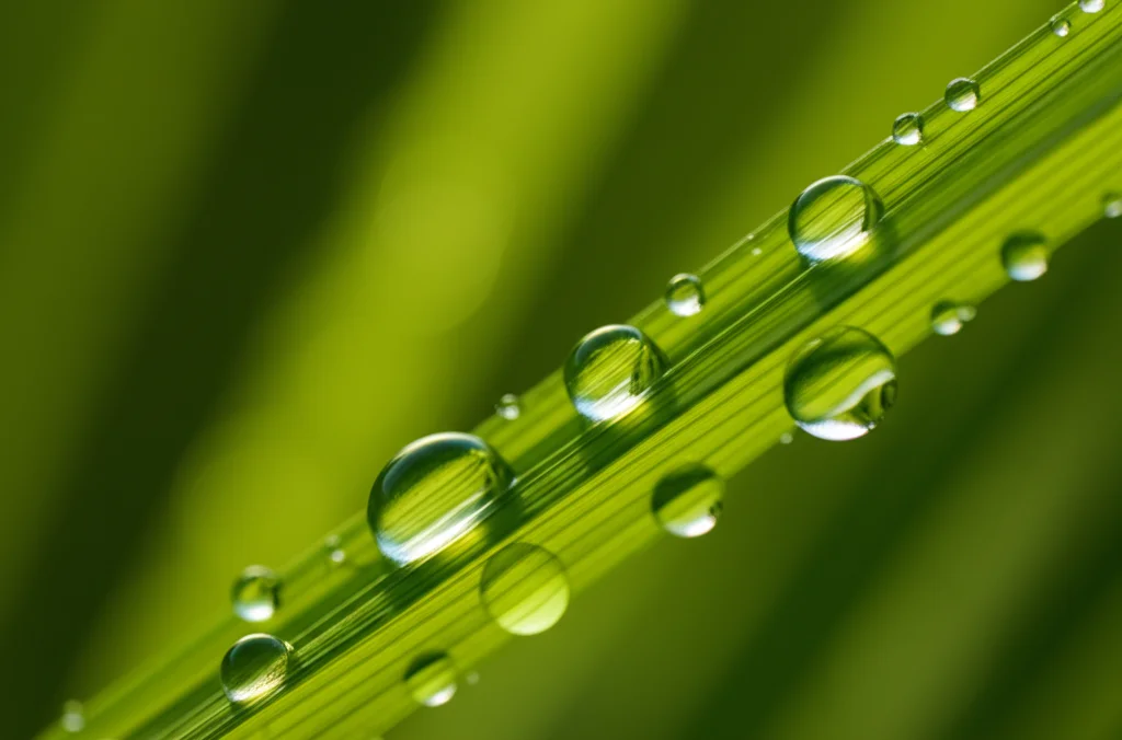 Primo piano macro di una foglia bandiera di riso (Oryza sativa), evidenziando la sua struttura spessa e robusta sotto una luce laterale controllata. Obiettivo macro 100mm, alta definizione dei dettagli cellulari visibili, goccioline d'acqua sulla superficie.