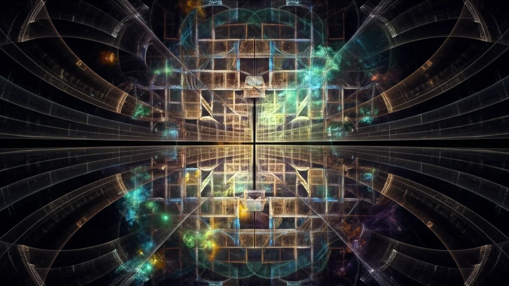 Visualizzazione astratta di un reticolo nel piano complesso con sovrapposte curve frattali che suggeriscono simmetrie modulari. Illuminazione drammatica, colori vibranti su sfondo scuro, obiettivo grandangolare 20mm, messa a fuoco nitida, alto dettaglio.