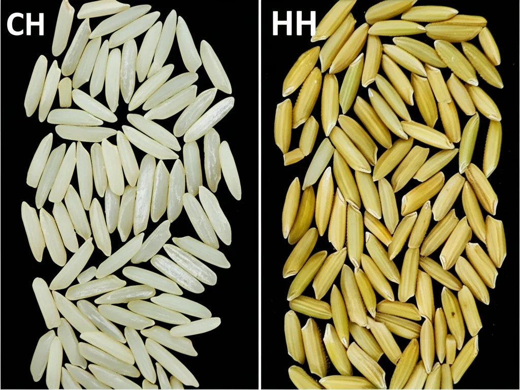Confronto fianco a fianco di due campioni di chicchi di riso decorticati su sfondo nero opaco. A sinistra, chicchi prevalentemente opachi e gessosi (chalky) da piante CH. A destra, chicchi più traslucidi e di aspetto migliore da piante HH. Obiettivo macro 60mm, illuminazione dall'alto precisa e controllata, alta definizione.