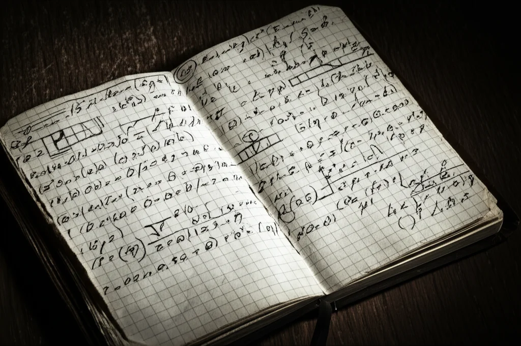 Immagine fotorealistica di un vecchio taccuino aperto, stile 'lost notebook' di Ramanujan, pieno di formule matematiche complesse scritte a mano. Appoggiato su un tavolo di legno scuro, illuminazione laterale soffusa che crea ombre lunghe. Obiettivo macro 100mm, alta definizione della grana della carta e dell'inchiostro, profondità di campo ridotta.
