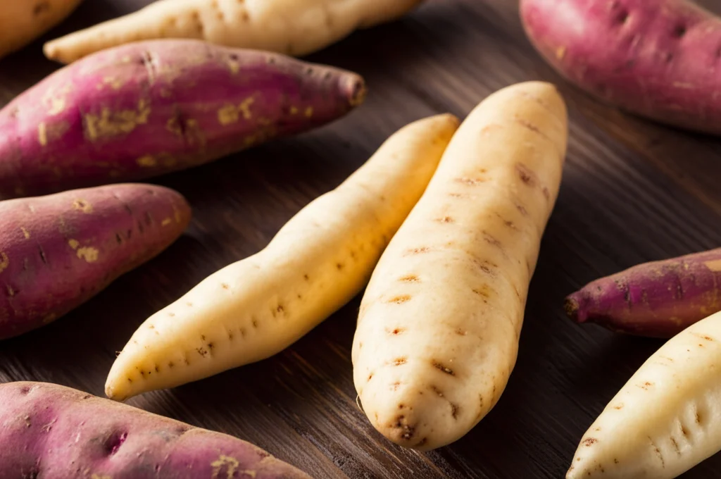 Close-up macro scatto di diverse radici di patate dolci, che variano nel colore della pelle e della carne (bianco, crema, arancione, viola), disposti artisticamente su una superficie di legno rustica. Usa un lente macro (100 mm) con dettagli elevati, messa a fuoco precisa e illuminazione morbida controllata per enfatizzare le variazioni di trama e colori.