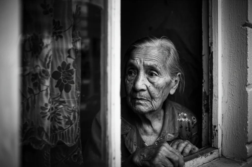 Fotografia in bianco e nero stile film noir, obiettivo 35mm, profondità di campo ridotta, che mostra il volto preoccupato di una persona anziana che guarda fuori da una finestra in una città latinoamericana, evocando ricordi di instabilità passata e ansia per il futuro globale.