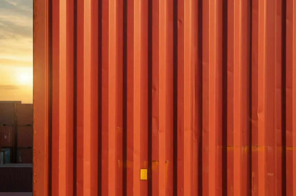 Fotografia macro di un container merci rosso su una nave cargo al tramonto, obiettivo 100mm, alta definizione, luce calda e controllata, focalizzazione precisa sui dettagli della vernice e della ruggine del container, simboleggia la complessità della supply chain globale.
