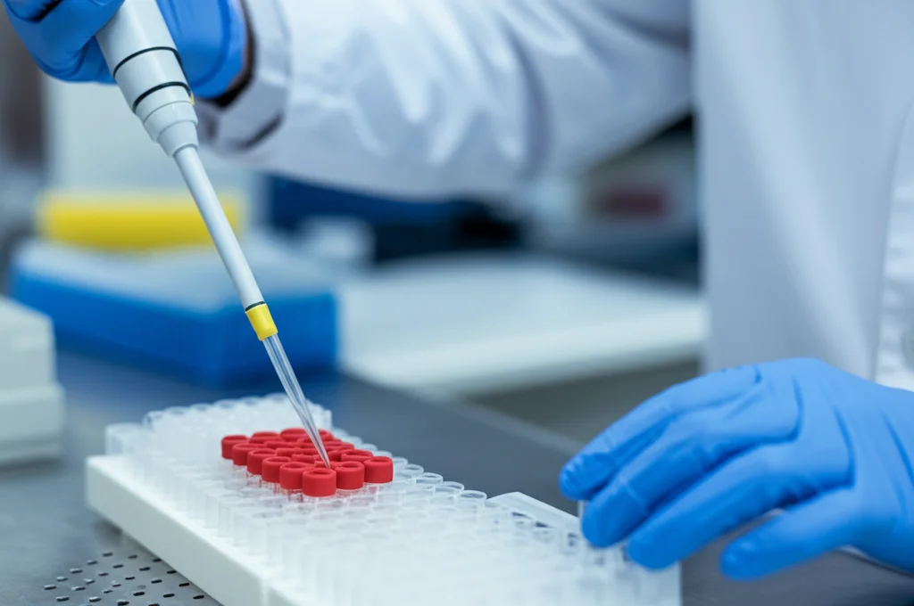 Immagine fotorealistica delle mani di uno scienziato che pipettano campioni di DNA in tubi PCR in un moderno ambiente di laboratorio. Concentrati sulle mani e sull'attrezzatura. Usa una lente primaria (50 mm) con profondità di campo poco profonda per sfuggire leggermente lo sfondo. Illuminazione controllata.