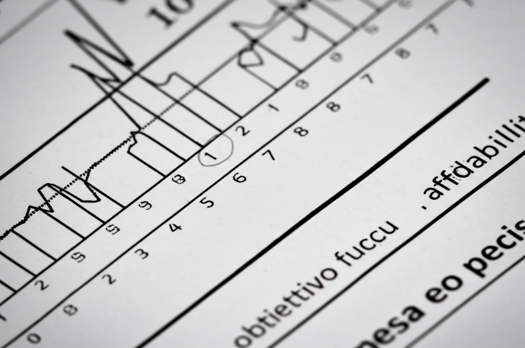Immagine macro, obiettivo 100mm, con messa a fuoco precisa su un foglio di carta con grafici statistici e numeri relativi ai test di affidabilità (es. alpha di Cronbach), illuminazione controllata da studio, alta definizione dei dettagli.