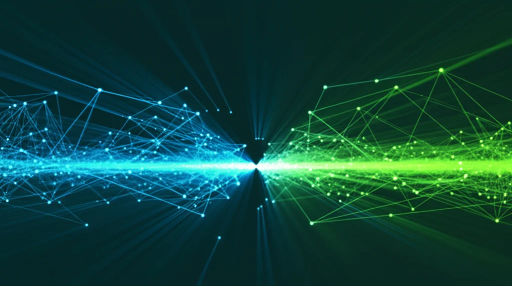 Visualizzazione astratta di dati digitali che fluiscono come luce tra nodi interconnessi su sfondo scuro, stile futuristico, colori blu elettrico e verde acido duotone, profondità di campo accentuata, evocando concetti di blockchain, IoT e flusso di informazioni sicuro.
