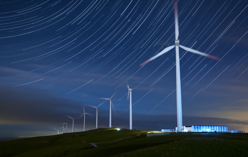 Paesaggio grandangolare, obiettivo 15mm, che mostra una fila di turbine eoliche moderne su una collina verde accanto a un data center con luci bluastre visibili di notte, lunga esposizione, cielo stellato limpido, scie luminose di stelle, nuvole leggermente mosse, simboleggia la fusione sinergica tra energia sostenibile e infrastruttura tecnologica digitale (Twin Transformation).