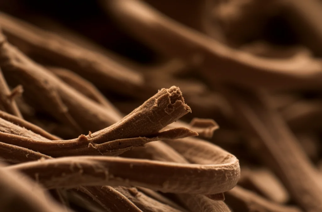 Macro fotografia di fibre di lignina marroni su una superficie scura illuminata lateralmente per evidenziare la texture complessa, obiettivo macro 100mm, alta definizione, messa a fuoco precisa.