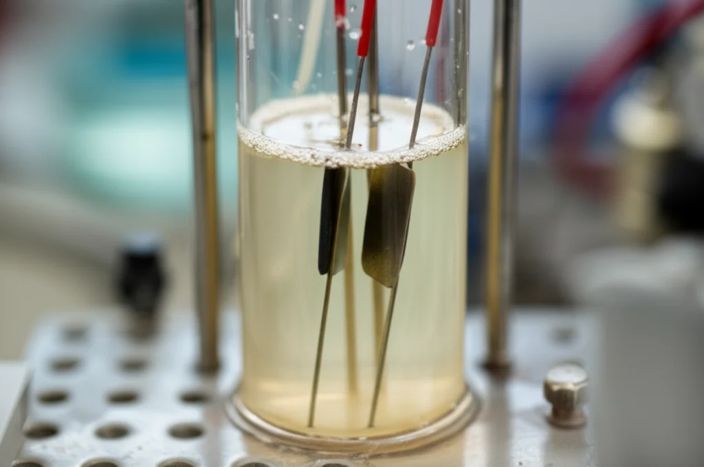 Fotografia di una cella elettrochimica in vetro trasparente in un laboratorio moderno, con elettrodi metallici Ni-Co immersi in una soluzione leggermente torbida, piccole bolle visibili vicino all'elettrodo di lavoro. Obiettivo 35mm, profondità di campo ridotta per sfocare lo sfondo.