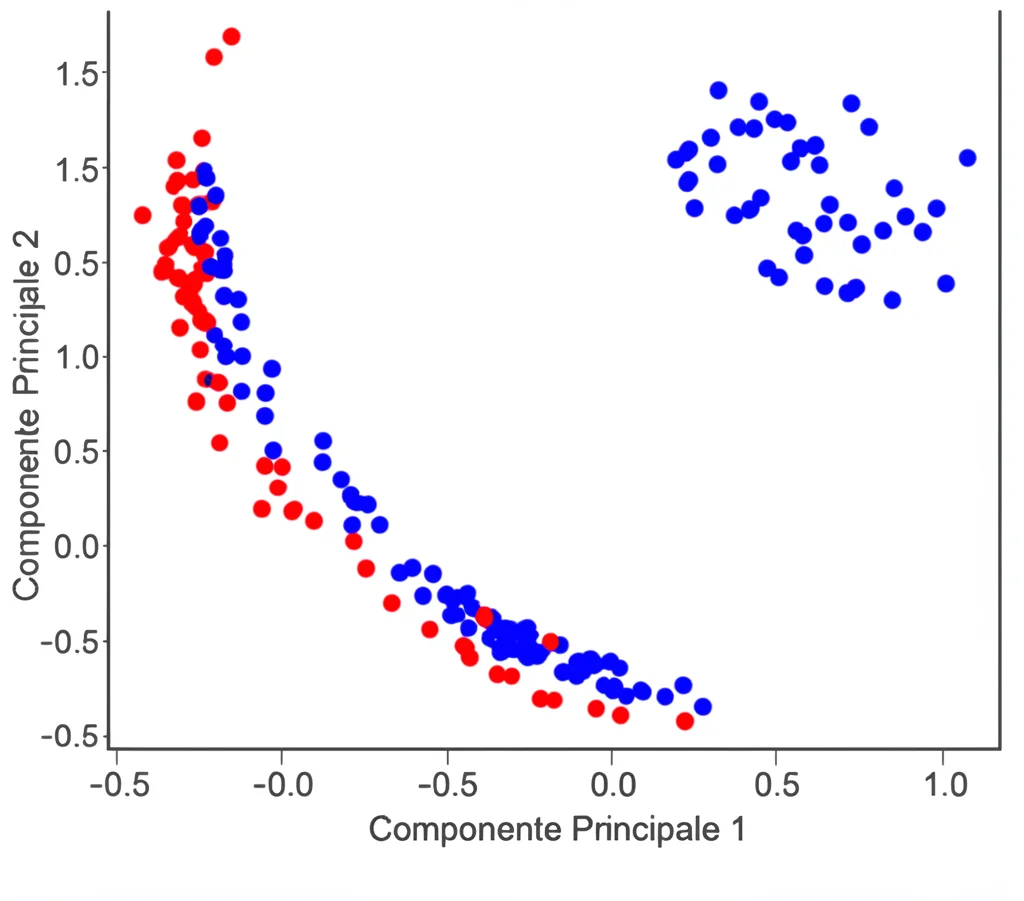 Visualizzazione grafica astratta di dati chemometrici, con due cluster distinti di punti (uno rosso, uno blu) su un grafico a dispersione 2D etichettato 'Componente Principale 1' e 'Componente Principale 2', rappresentante la separazione tra campioni con e senza DMSO. Stile pulito e moderno.