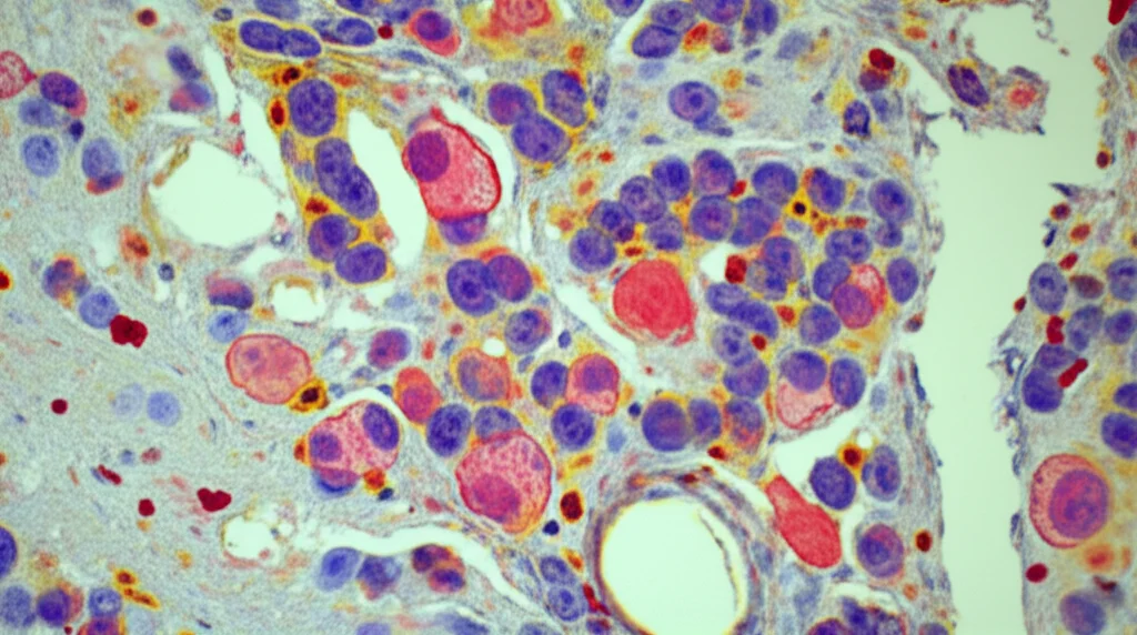 Visualizzazione 3D di cellule tumorali polmonari con mutazione STK11, circondate da poche cellule immunitarie attive, creando un microambiente 'freddo'. Macro lens, 80mm, illuminazione controllata, alta definizione, colori tenui per rappresentare la soppressione immunitaria.