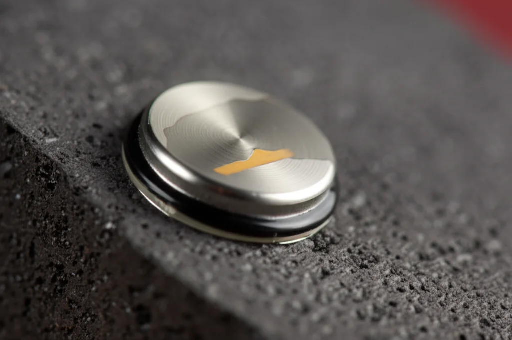 Primo piano, obiettivo 50mm, di un sensore di emissione acustica rotondo e metallico attaccato alla superficie scura e ruvida di un campione di carbone; è visibile del gel trasparente (agente di accoppiamento) tra il sensore e il carbone. Profondità di campo ridotta che sfoca lo sfondo, messa a fuoco precisa sul sensore.