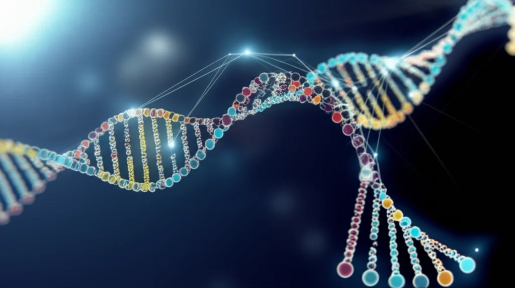 Visualizzazione astratta di diverse eliche di DNA colorate che rappresentano popolazioni diverse (Europea, Africana, Asiatica, Sud Asiatica, Americana Meticcia), con linee luminose che le collegano a simboleggiare la correlazione genetica stimata da JointPRS. Obiettivo prime 35mm, profondità di campo accentuata per mettere a fuoco le connessioni, toni blu e oro duotone.